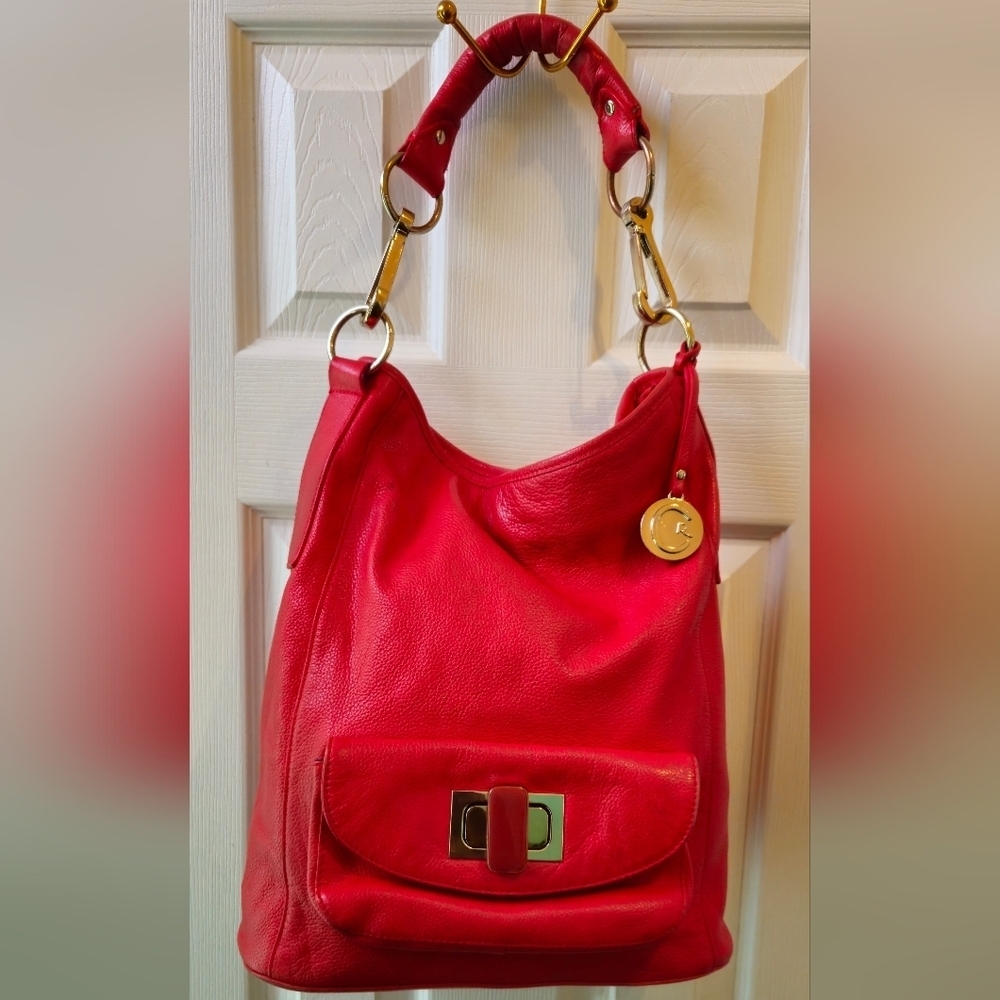 Cynthia Rowley Soft Leather Vibrant Red Hobo Shoulder Bag w/Turn-Lock Accent